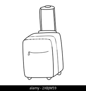 Travel Suitcase in Doodle style. Clip art Hand luggage, Vector Linear Illustration Isolated on White. Hand drawn Valise on Wheels for Trip and Vacatio Stock Vector