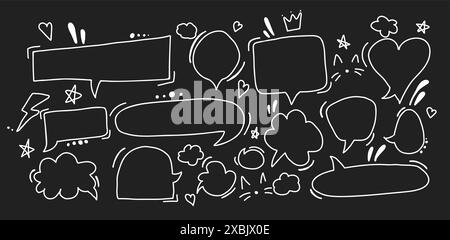 Isolated set of hand-drawn white speech bubbles doodles on a dark background. Creative communication and social expression Stock Vector