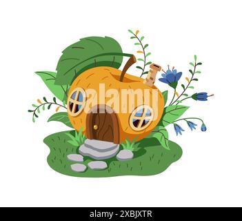 Magical cartoon house of a gnome or fairy made of yellow apple. The house is on a green lawn decorated with flowers. The house has a door and round wo Stock Vector