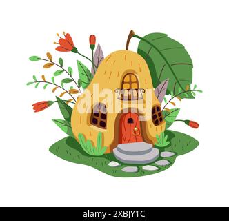 Magical cartoon gnome or fairy house made of yellow pear. The house is on a green lawn decorated with flowers and leaves. The house has a wooden door Stock Vector