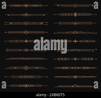 Golden art deco dividers, menu border elements, elegant ornament frame vector set of decorative elements. Refined gold luxurious, symmetrical dividers, underlines or headers. Art deco embellishment Stock Vector