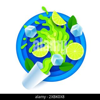 Paper cut mojito juice splash. 3d vector vibrant papercut of dynamic splatter with sliced green citrus fruit, ice cubes and leaves on a blue round layered frame, exudes freshness, and summer vibes Stock Vector