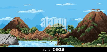 8 bit pixel art game prehistoric landscape with mountains and volcano. Vector retro style gaming level scene with towering rocks, river, lush flora, and a clear blue sky, 8-bit video game background Stock Vector