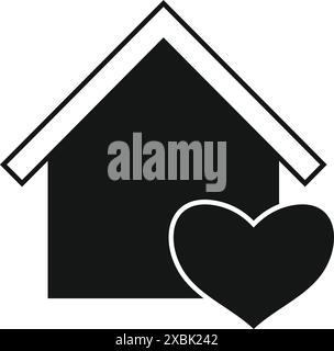 Simple black silhouette of a house with a big heart in front of it representing loving your home Stock Vector