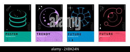 Brutal y2k posters with abstract line shapes and geometric elements. Vector trendy minimalist star, sun, moon and planet globe grid figures with futuristic arrows, circles. Brutal aesthetic banners Stock Vector