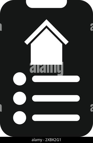 Black and white icon of a smartphone displaying an online house listing, symbolizing the real estate market Stock Vector