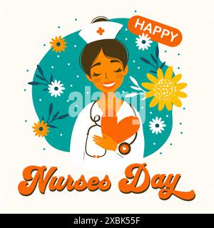 Happy Nurses Day. Vector greeting card for nurse woman. Professional medical holiday celebration in vector cartoon flat style with flowers Stock Vector