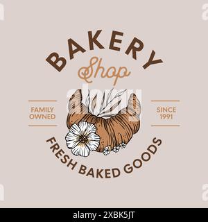 Bakery logo in vintage vector style with illustration of croissant with flowers Stock Vector