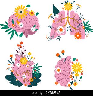 Cartoon human organs with flowers in flat style brain lungs heart health healthcare anatomical symbols Stock Vector