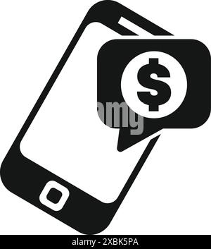 Black and white icon of a smartphone showing a speech bubble containing a dollar sign Stock Vector