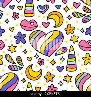 Cute Cartoon Rainbow Heart, Unicorn Horn and Flowers Seamless Pattern. Kids Birthday And Baby Shower Vector Background Stock Vector