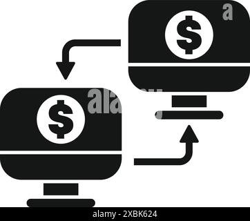 Black and white icon of money transferring from one computer to another computer representing online banking Stock Vector