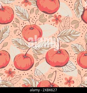 Orange seamless vector pattern with the image of summer fruit apples quince with leaves Stock Vector