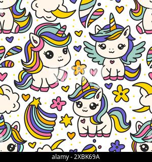 Cute Cartoon Unicorns Seamless Pattern. Unicorn Animal And Rainbow. Kids Birthday And Baby Shower Vector with Moon Cloud and Flowers Stock Vector