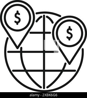 Simple line art icon of a globe with two map pointers showing dollar signs, representing international money transfer Stock Vector