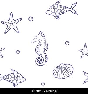 Under the Sea Hand drawn Seamless Pattern with Starfish, Seashells and Fishes, Seahorse. Vector illustration, blue line art isolated on white Stock Vector