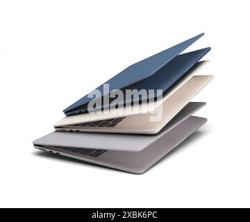 new different color open laptops presentation fly in air 3d render on white Stock Photo