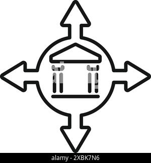 Line icon representing a government institution building with four arrows pointing in different directions, suggesting strategic decision making Stock Vector