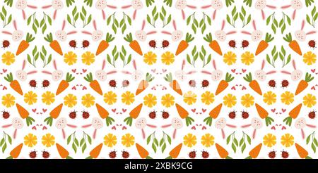 Spring pattern with flowers, ladybug, and bunnies in a cute, hand drawn vector style. Perfect for children items, textiles, and gift wrapping. Stock Vector