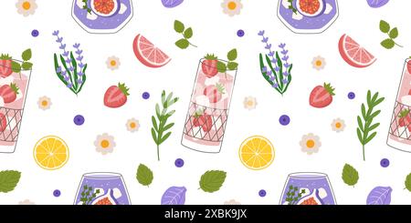 Vibrant seamless pattern with lemonade drinks, citrus, berries, and herbs. Includes elements such as lemon, strawberry, mint leaves, and flowers, idea Stock Vector