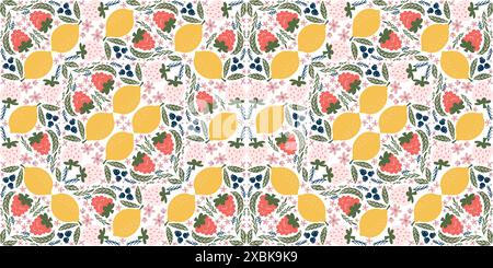 Vibrant seamless pattern featuring white strawberries, raspberries, lemons, blackberries, pink flowers, and green leaves, arranged in a whimsical diam Stock Vector