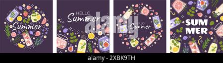 Set of four square post featuring vibrant, refreshing drinks with citrus, berries, and floral elements, purple background. Text Summer, decorative ele Stock Vector