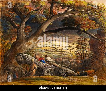 The Timber Wain.  Samuel Palmer. Between 1833 and 1834.  Watercolor and gouache with pen and black ink. Stock Photo