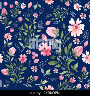 Seamless pattern of stylized wildflowers hand drawn in watercolor, ideal for textiles, scrapbooking, wallpaper, wrapping paper, cards and invitations. Stock Photo