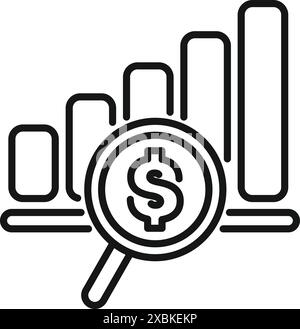 Magnifying glass is focusing on the growing value of the dollar represented by a line graph Stock Vector