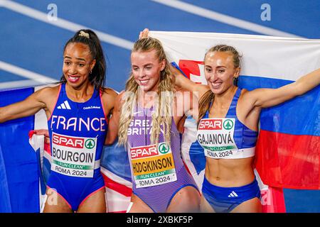 Rome, Italy. 12th June, 2024. ROME, ITALY - JUNE 12: Anais Bourgoin of France celebrating third (brons medal) place, Keely Hodgkinson of Great Britain celebrating first (gold medal) place, Gabriela Gajanova of Slovakia celebrating second place (silver) with flag after competing in the 800m Women Final during Day Six of the European Athletics Championships - Rome 2024 at Stadio Olimpico on June 12, 2024 in Rome, Italy. (Photo by Joris Verwijst/BSR Agency) Credit: BSR Agency/Alamy Live News Stock Photo