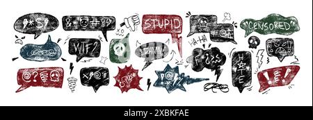 Hand drawn comic speech bubbles with swear words, insults, curses, expletives in crayon grunge retro doodle style. Chalk pencil swearwords for rude, negative bad mood. Angry clouds, dialogue balloons. Stock Vector