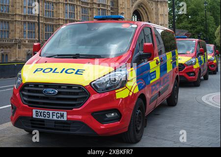 Metropolitan Police Parliamentary and Diplomatic Protection Group vans parked opposite the Palace of Westminster Abingdon Street London England UK Stock Photo