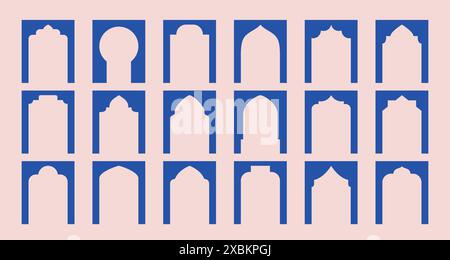 Arabic minimalist window shapes. Moroccan arche, gateway silhouettes. Vector blue simple arcs. Stock Vector