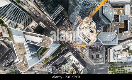 Top down view of the skyscrapers in Frankfurt main, Germany with the construction site and the city traffic Stock Photo