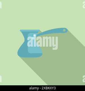 Minimalist icon of a blue cezve coffee pot preparing traditional turkish coffee with a long shadow on a green background Stock Vector