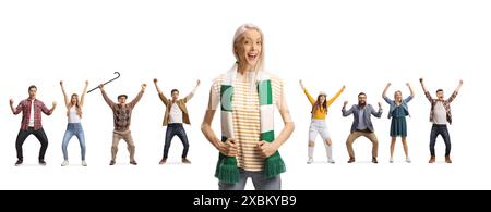 Group of happy young and older people cheering isolated on white background Stock Photo