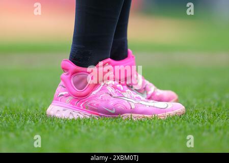 Minneapolis, Minnesota, USA. 12th June, 2024. The cleats of Minnesota Twins catcher CHRISTIAN VÃZQUEZ (8) during a MLB baseball game between the Minnesota Twins and the Colorado Rockies at Target Field on June 12th, 2024. The Twins won 17-9. (Credit Image: © Steven Garcia/ZUMA Press Wire) EDITORIAL USAGE ONLY! Not for Commercial USAGE! Stock Photo