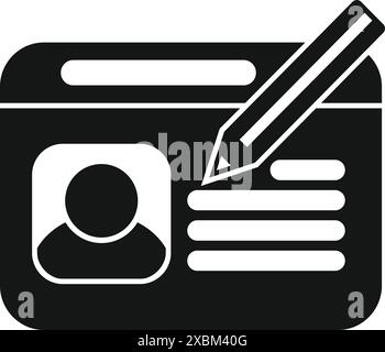 Black solid icon of a pencil writing on a personal information data card Stock Vector