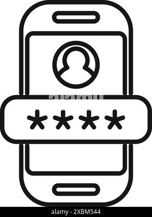 Line icon of a smartphone displaying a user profile being protected by a password Stock Vector