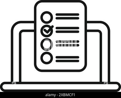 Line art icon of online survey form on laptop computer with check mark showing completed task Stock Vector