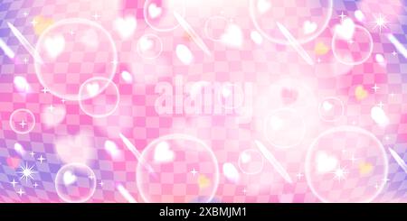 Y2k dreamy pink background. Mesh with blurry bokeh effect, stars, hearts and bubbles. Stock Vector