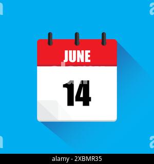 June 14 calendar icon. Red and white page. Blue background. Flat vector design. Stock Vector