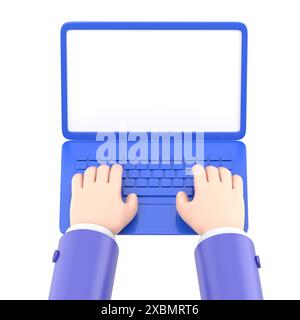 Cartoon Gesture Icon Mockup.Hands in work at laptop keyboard with blank monitor screen at table. Work place at home.3d illustration.3D rendering on wh Stock Photo