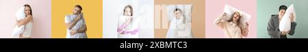Collage of young people with soft pillows on color background Stock Photo