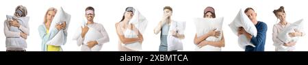 Set of people with soft pillows on white background Stock Photo