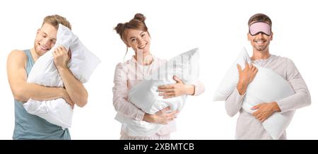 Group of young people with soft pillows on white background Stock Photo