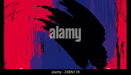 Image of blue and black shapes on red background Stock Photo