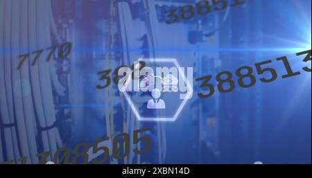 Image of binary coding data processing over server rack Stock Photo