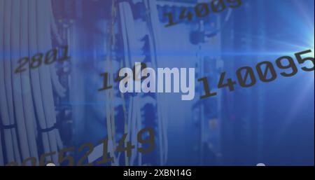 Image of binary coding data processing over server rack Stock Photo
