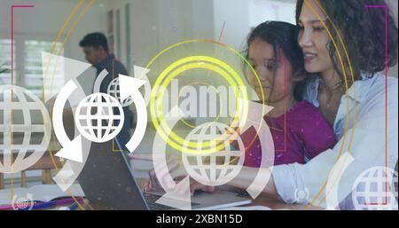 Image of scan scope over biracial mother and daughter using laptop Stock Photo